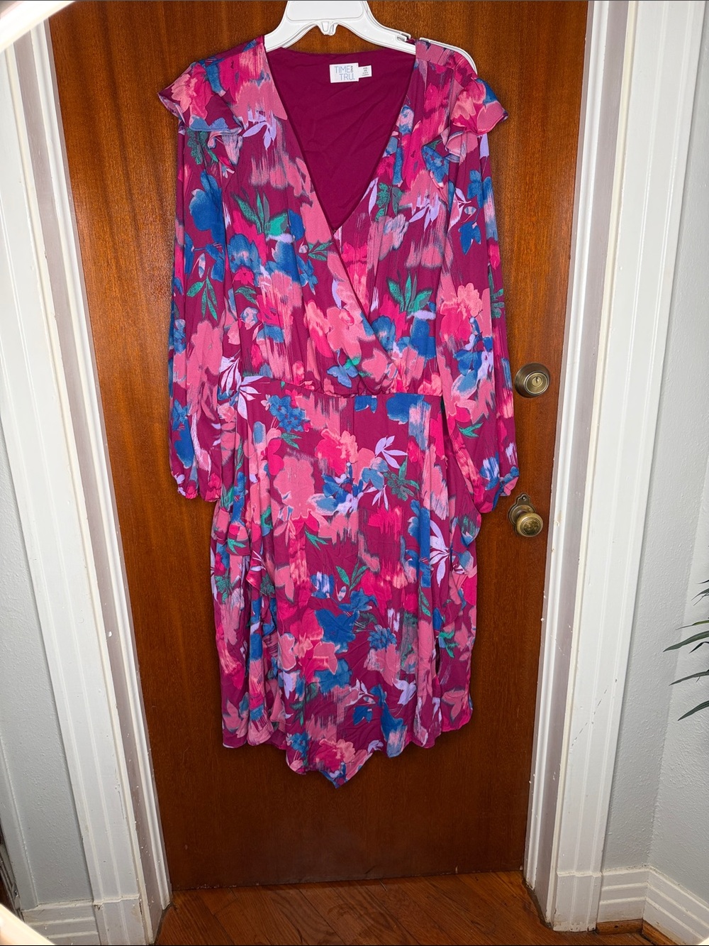 Time and Tru Pink Floral Midi Dress with Blue Accents